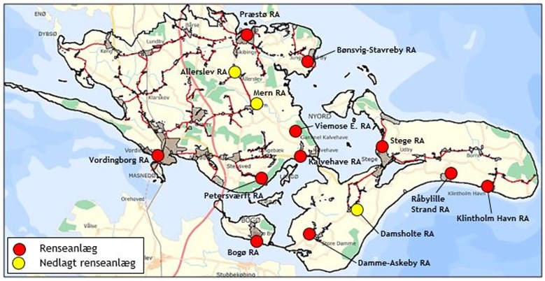Kort der viser renseanlæg og nedlagte renseanlæg
