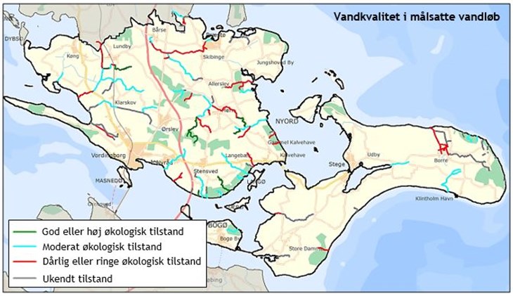 Kort der viser vandkvalitet i målsatte vandløb