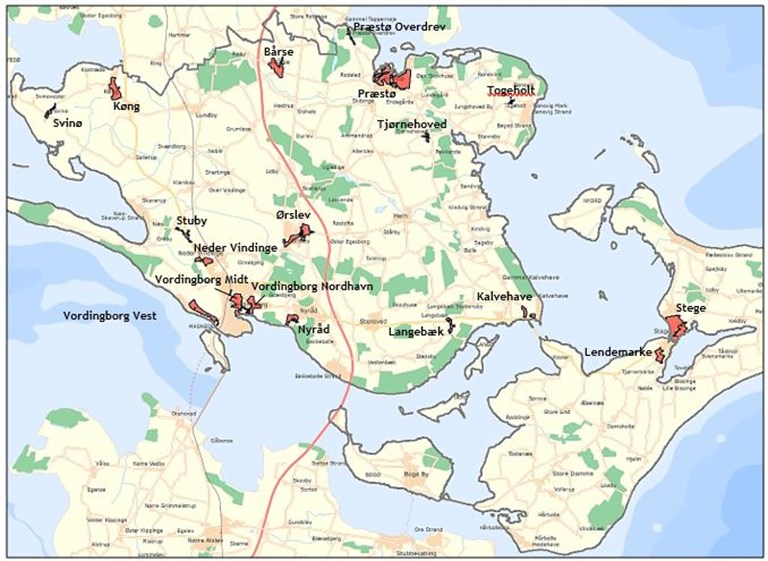 Kort der viser etablering af fælleskloaksystem i 21 byområder