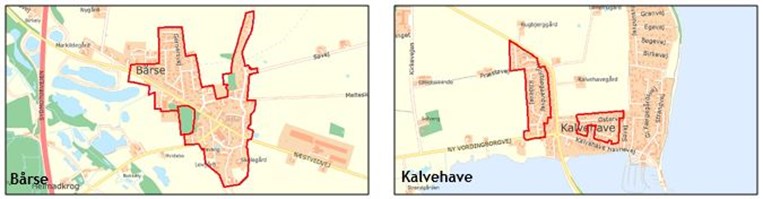 Kort der viser fælleskloakerede områder, som planlægges separatkloakeret i plan- og perspektivperioden