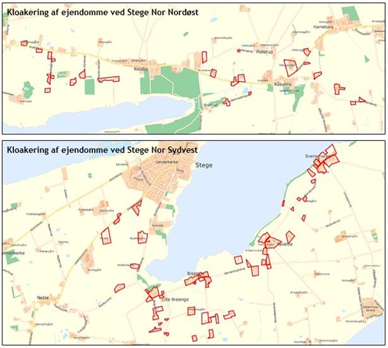 Kort der viser kloakering af ejendomme langs Stege Nor